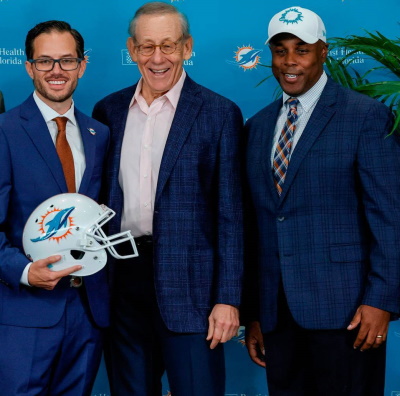 Miami Dolphins head coach Mike McDaniel, owner Stephen M. Ross and Dolphins Miami general manager Chris Grier