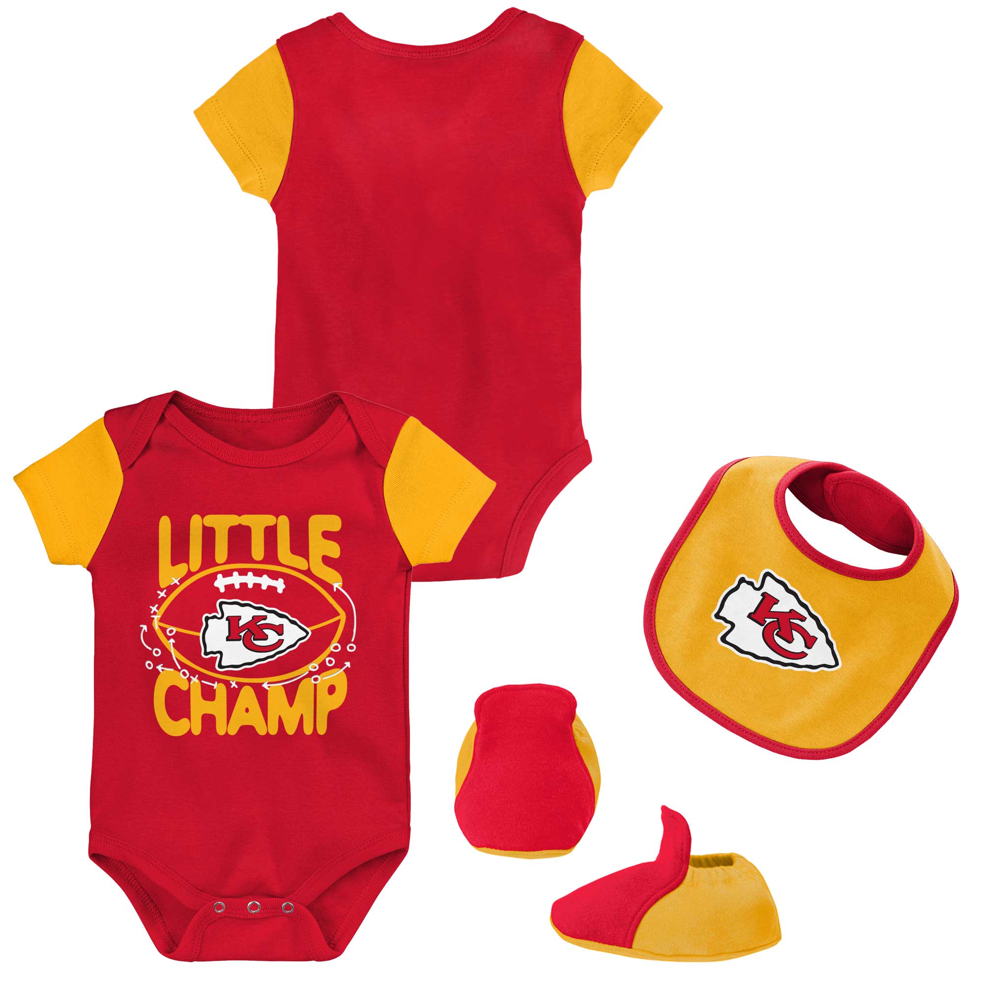 Rot/Gold Kansas City Chiefs Little Champ, dreiteiliges Body-Lätzchen- und Booties-Set für Neugeborene und Kleinkinder