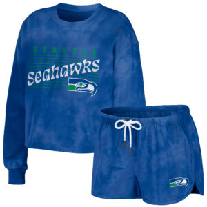 Damenbekleidung von Erin Andrews Royal Seattle Seahawks Batik-Kurzpullover-Sweatshirt und Shorts-Lounge-Set