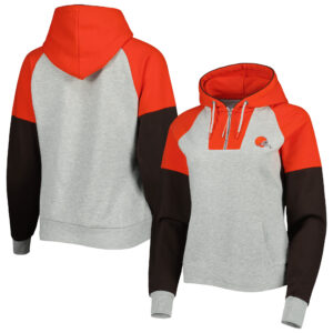 Antigua Heather Gray Cleveland Browns Leichter Jackpot Raglan-Kapuzenpullover mit halbem Reißverschluss für Damen