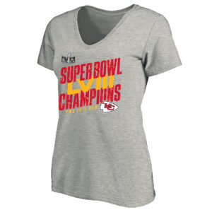 Damen Fanatics Heather Gray Kansas City Chiefs Super Bowl LVIII Champions Übergröße Iconic Victory T-Shirt mit V-Ausschnitt