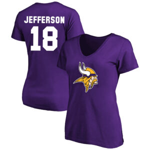 Damen Justin Jefferson Purple Minnesota Vikings Fair Catch T-Shirt mit V-Ausschnitt und Namen und Nummer in Übergröße