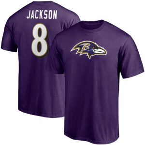 Lamar Jackson Fanatics Lila Baltimore Ravens Spielersymbol Name und Nummer T-Shirt für Herren