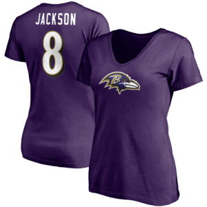 Damen Fanatics Lamar Jackson Lila Baltimore Ravens Spielersymbol Name und Nummer V-Ausschnitt T-Shirt