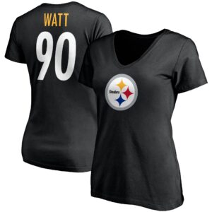 Damen Fanatics T.J. Watt Schwarzes Pittsburgh Steelers Spielersymbol Name und Nummer V-Ausschnitt T-Shirt