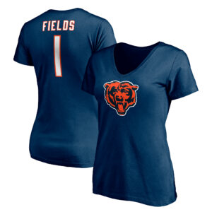 Damen Fanatics Justin Fields Navy Chicago Bears Logo Spielersymbol Name und Nummer V-Ausschnitt T-Shirt