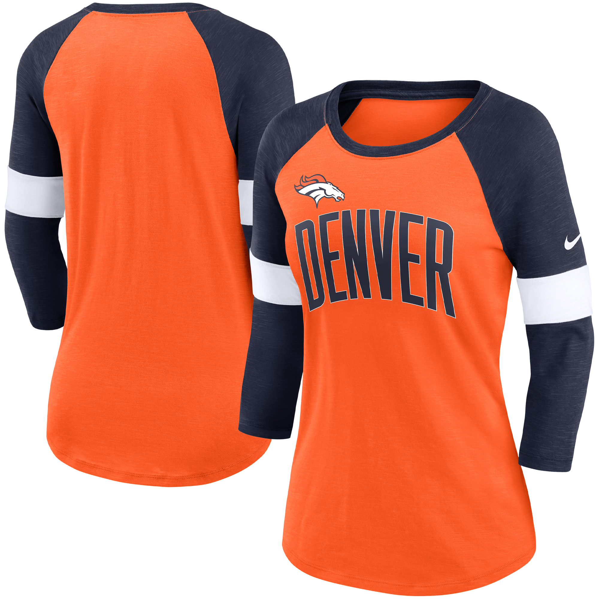 Nike Denver Broncos Damen-Fußball-Pride-T-Shirt mit 3/4-Raglanärmeln, Orange meliert/Marineblau meliert