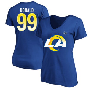 Damen Fanatics Aaron Donald Royal Los Angeles Rams Super Bowl LVI Bound Übergröße Name & Nummer V-Ausschnitt T-Shirt