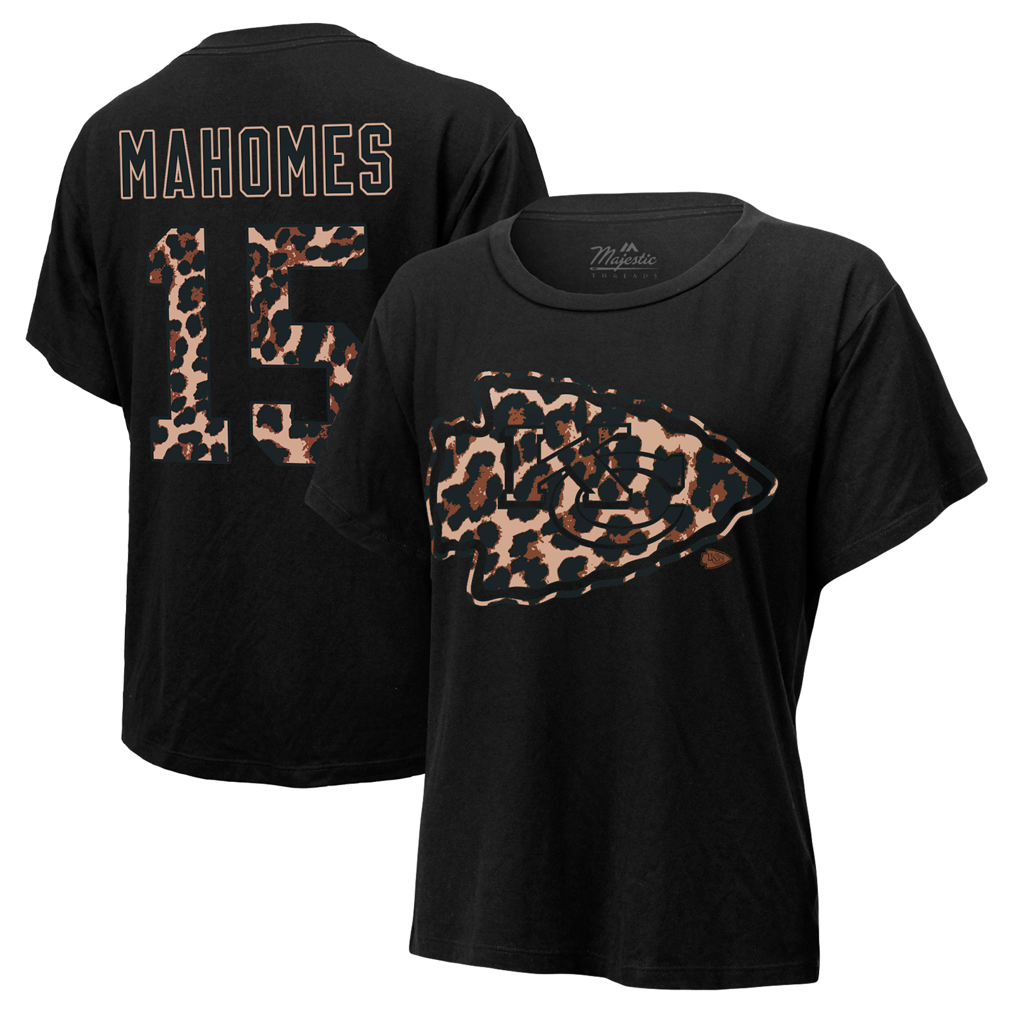 Damen Majestic Threads Patrick Mahomes Schwarzes Kansas City Chiefs Leopard-T-Shirt mit Spielernamen und Nummer