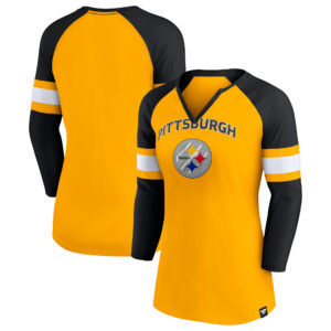 Pittsburgh Steelers Arch Fanatics Gold/Schwarzes Raglan-T-Shirt mit 3/4-Ärmeln und eingekerbtem Kragen für Damen