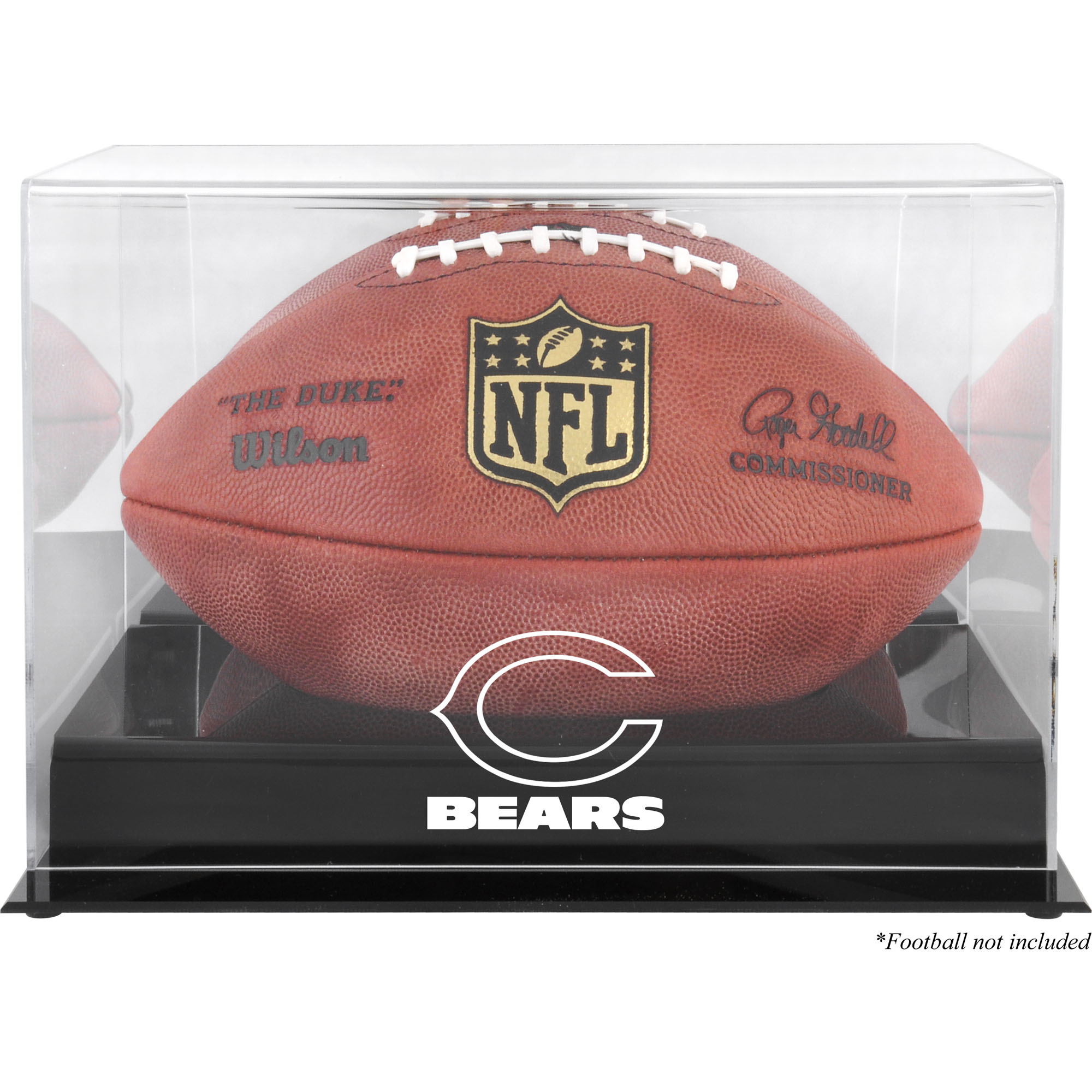 Schwarze Vitrine mit Football-Logo der Chicago Bears, mit verspiegelter Rückseite