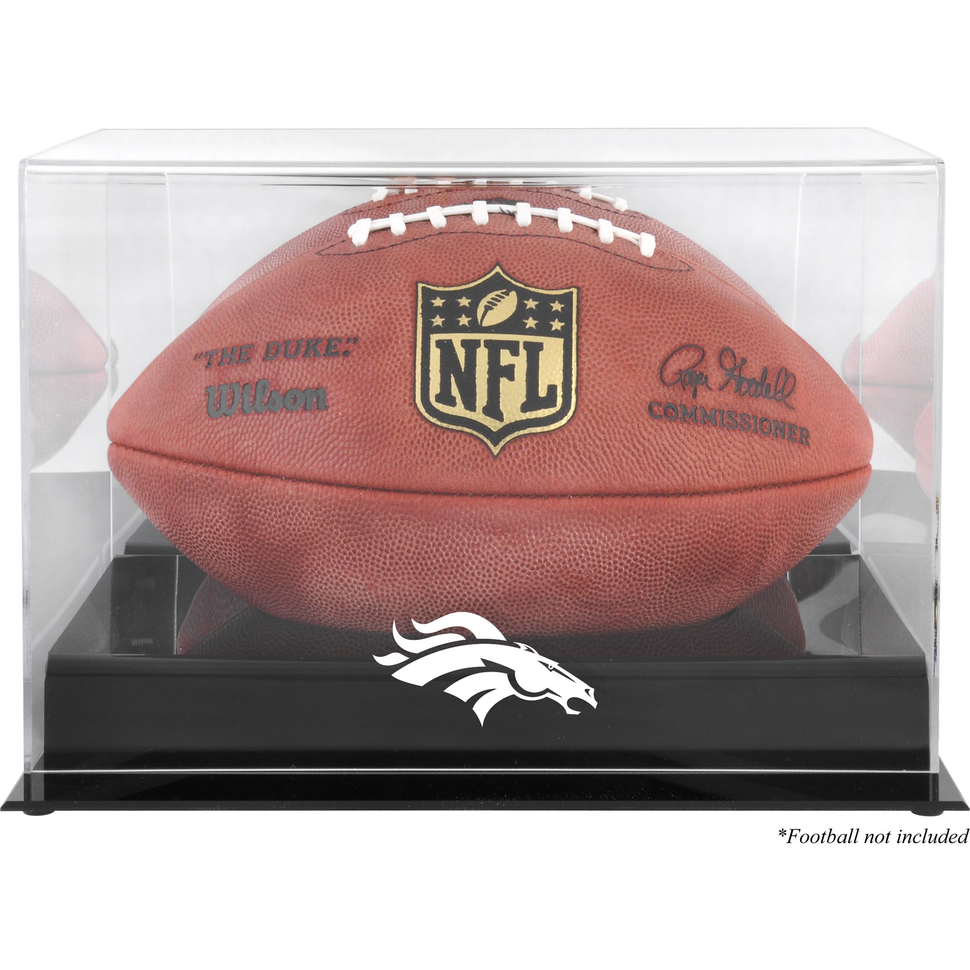 Schwarze Vitrine mit Football-Logo der Denver Broncos mit verspiegelter Rückseite