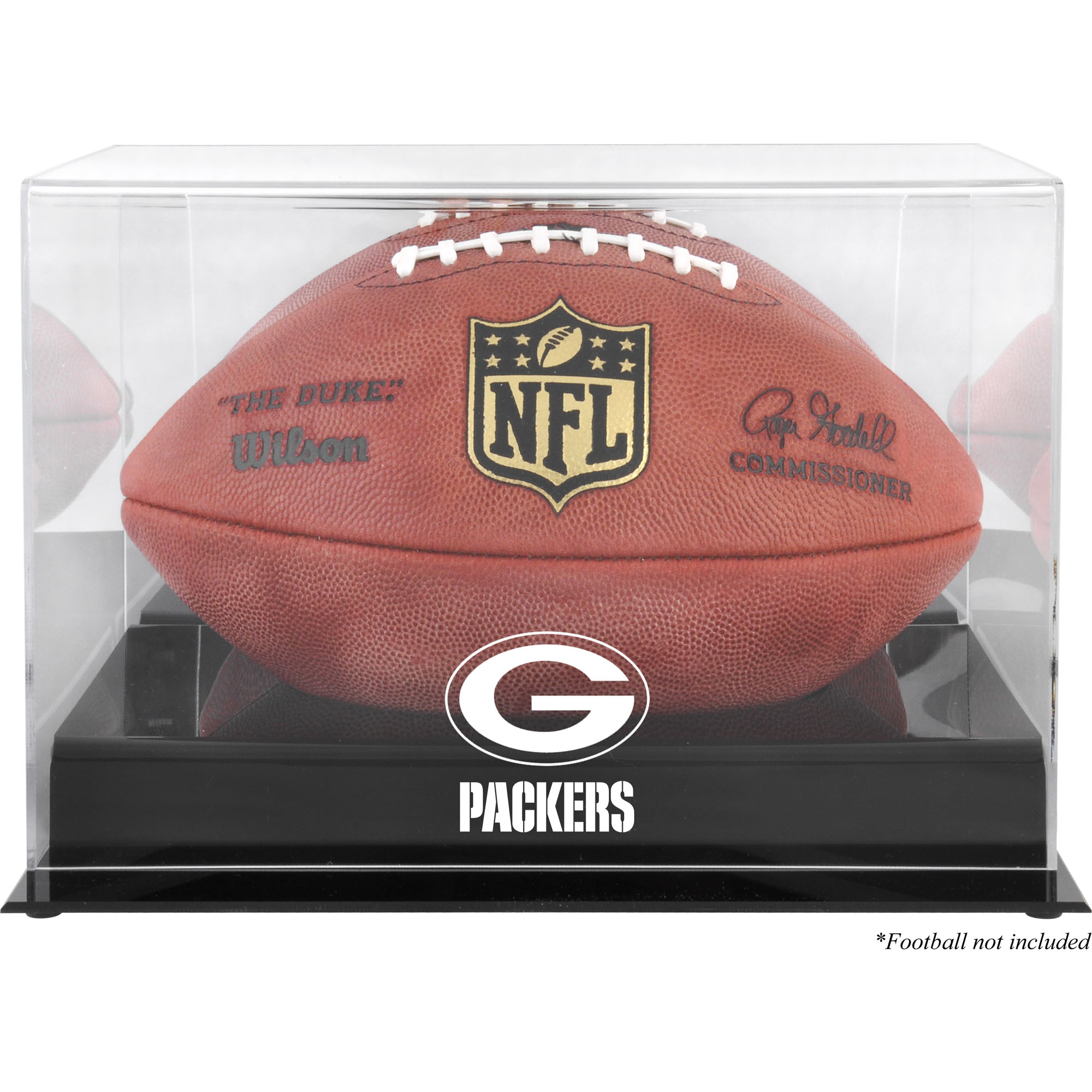 Vitrine mit Football-Logo der Green Bay Packers, schwarzer Sockel, mit verspiegelter Rückseite