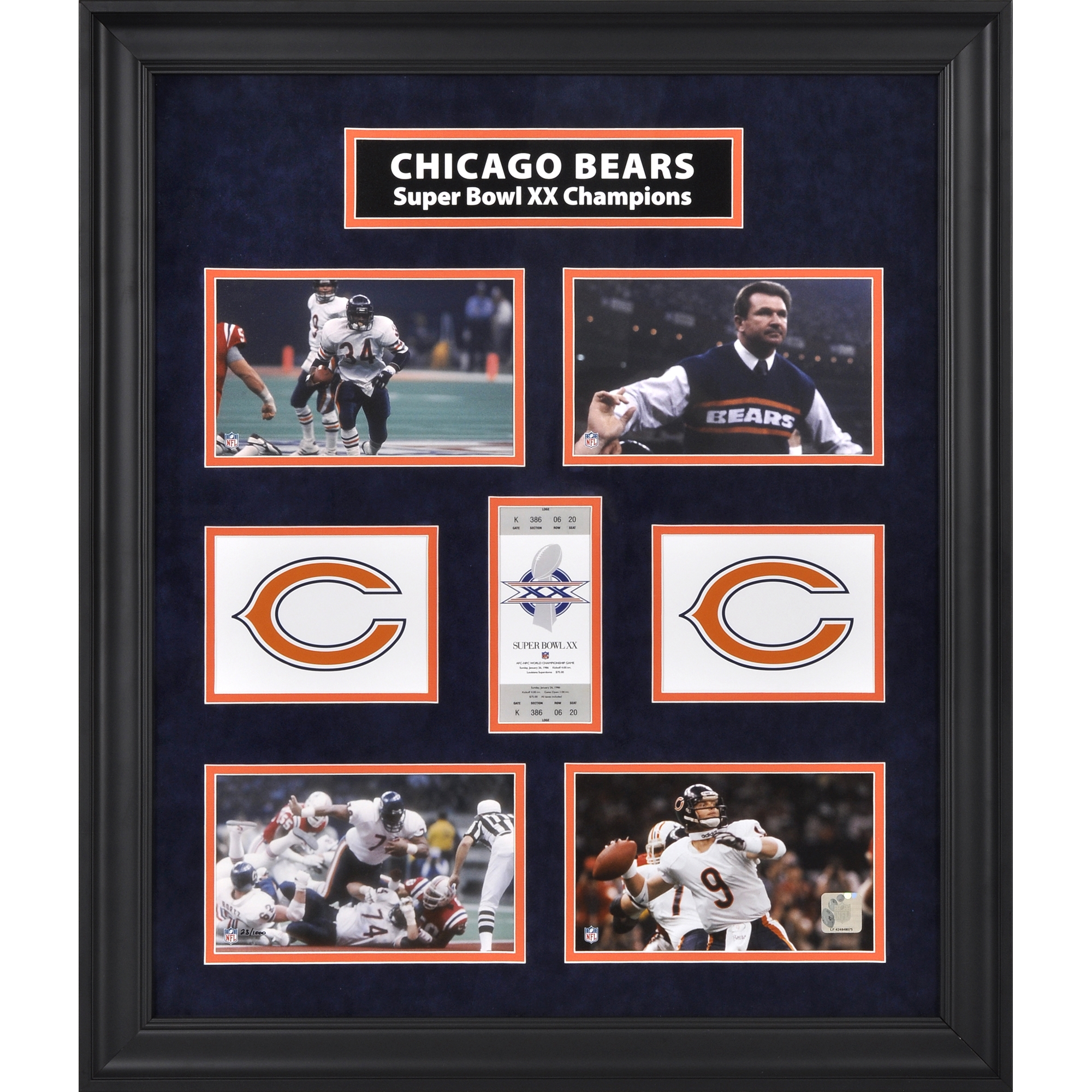 Gerahmte Fotocollage „Chicago Bears“ vom Super Bowl XX, limitierte Auflage von 1.000 Stück