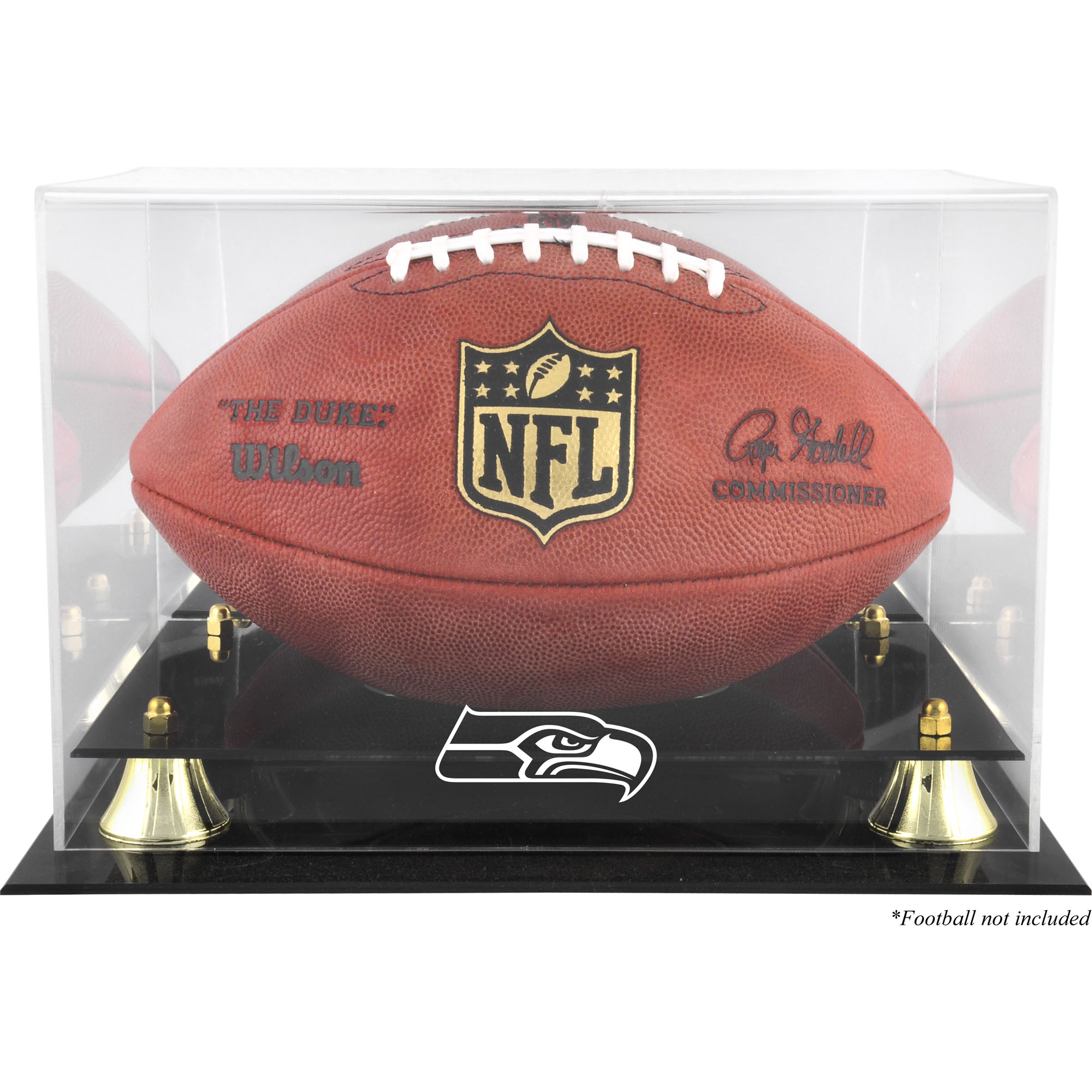 Goldene Vitrine mit klassischem Teamlogo des Seattle Seahawks-Fußballs