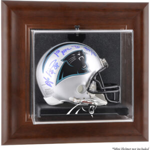 Carolina Panthers Mini-Vitrine mit braunem Rahmen und Wandmontage für Helme