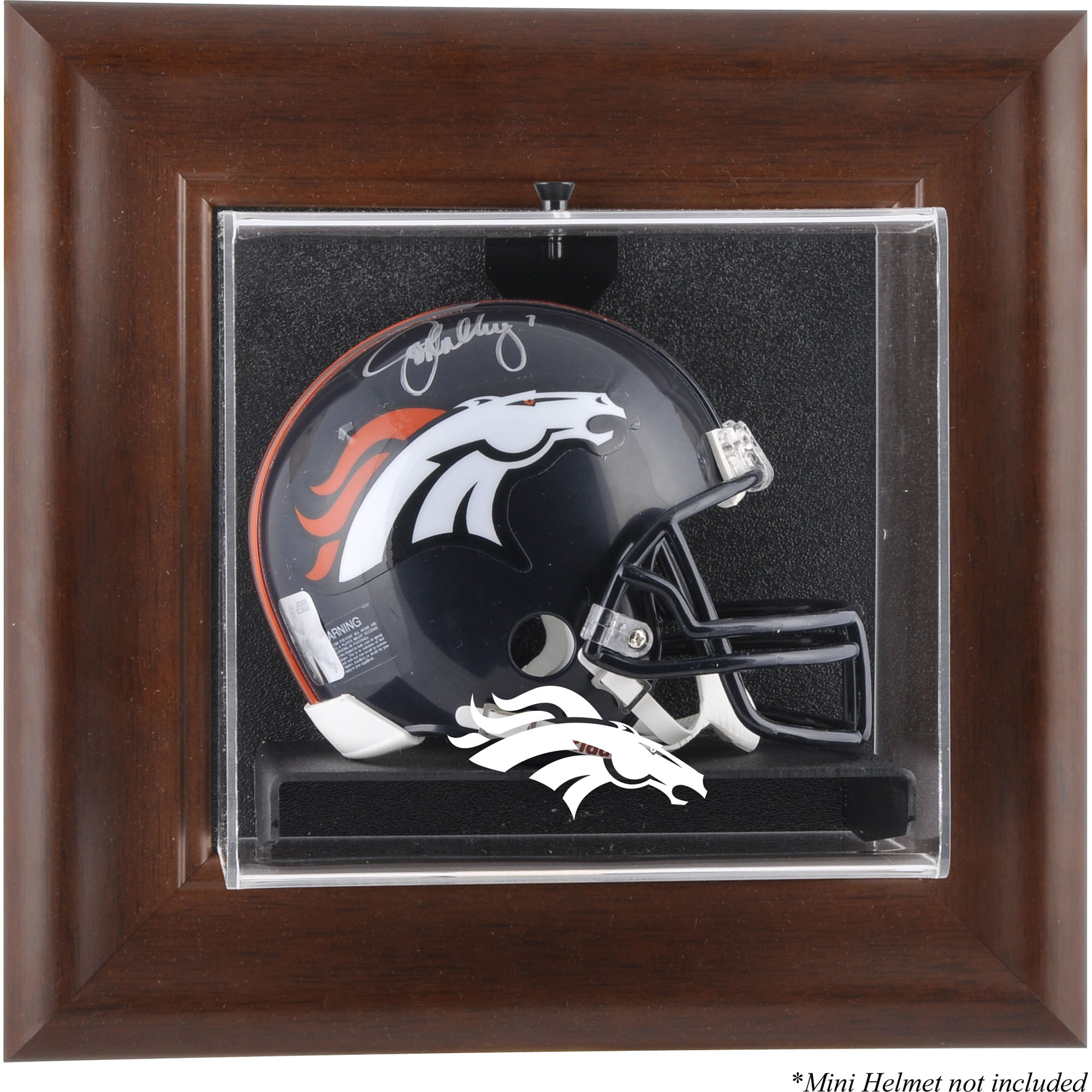 Denver Broncos Mini-Vitrine mit braunem Rahmen und Wandmontage für Helme