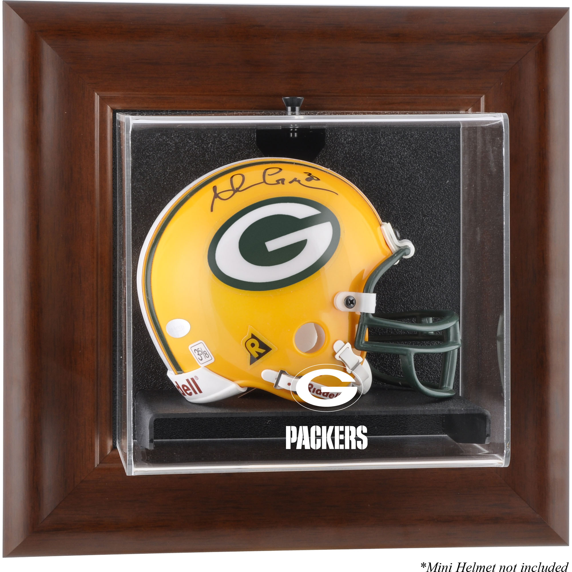 Green Bay Packers Mini-Vitrine mit braunem Rahmen und Wandmontage für Helme