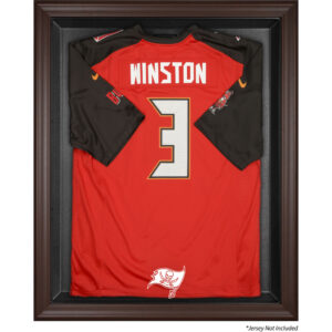 Vitrine mit Logo-Trikot der Tampa Bay Buccaneers in Braun mit Rahmen