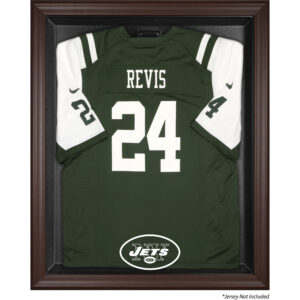 Vitrine mit Logo-Trikot der New York Jets Throwback Logo 1998–2018, braun gerahmt