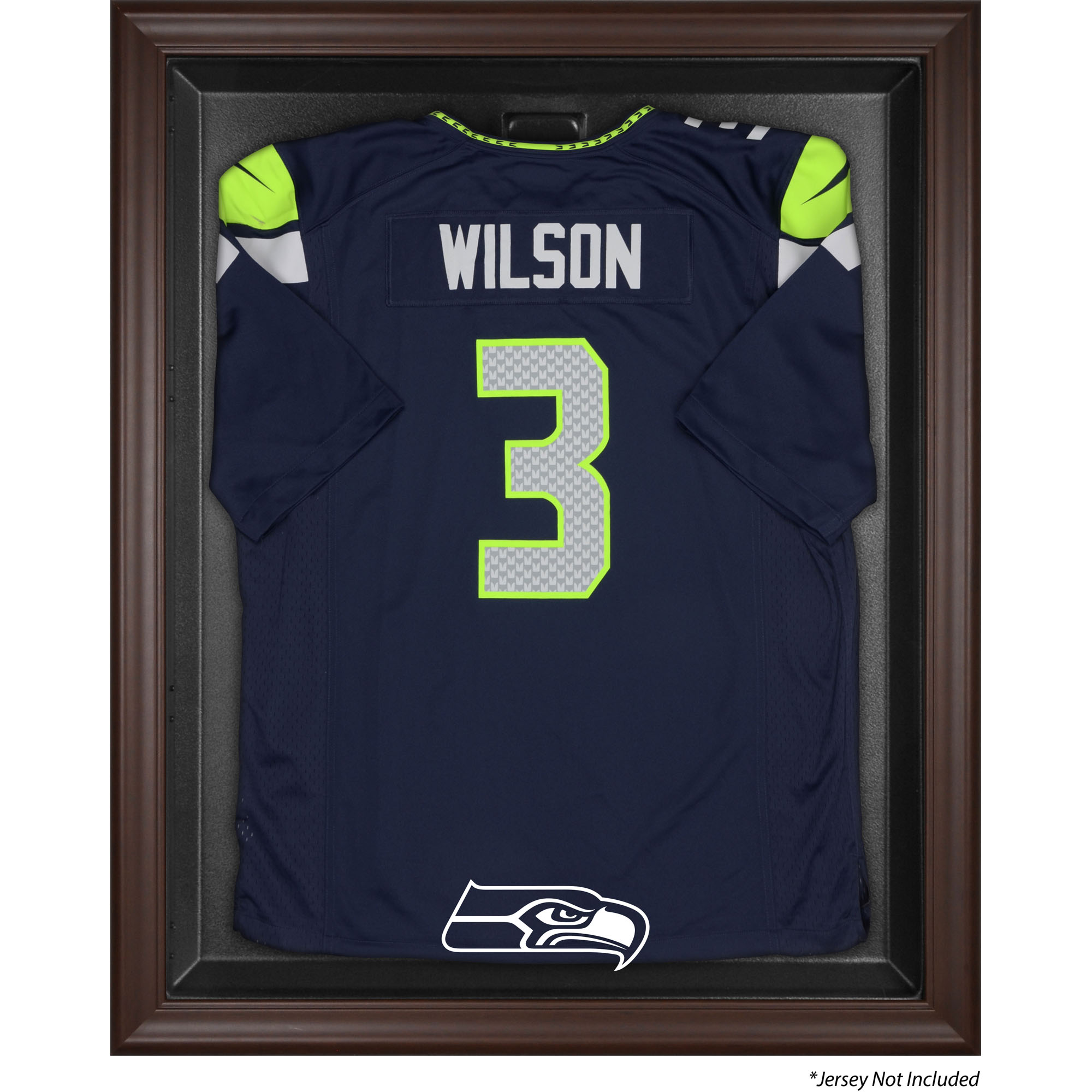 Vitrine mit Logo-Trikot in Braun mit Rahmen der Seattle Seahawks