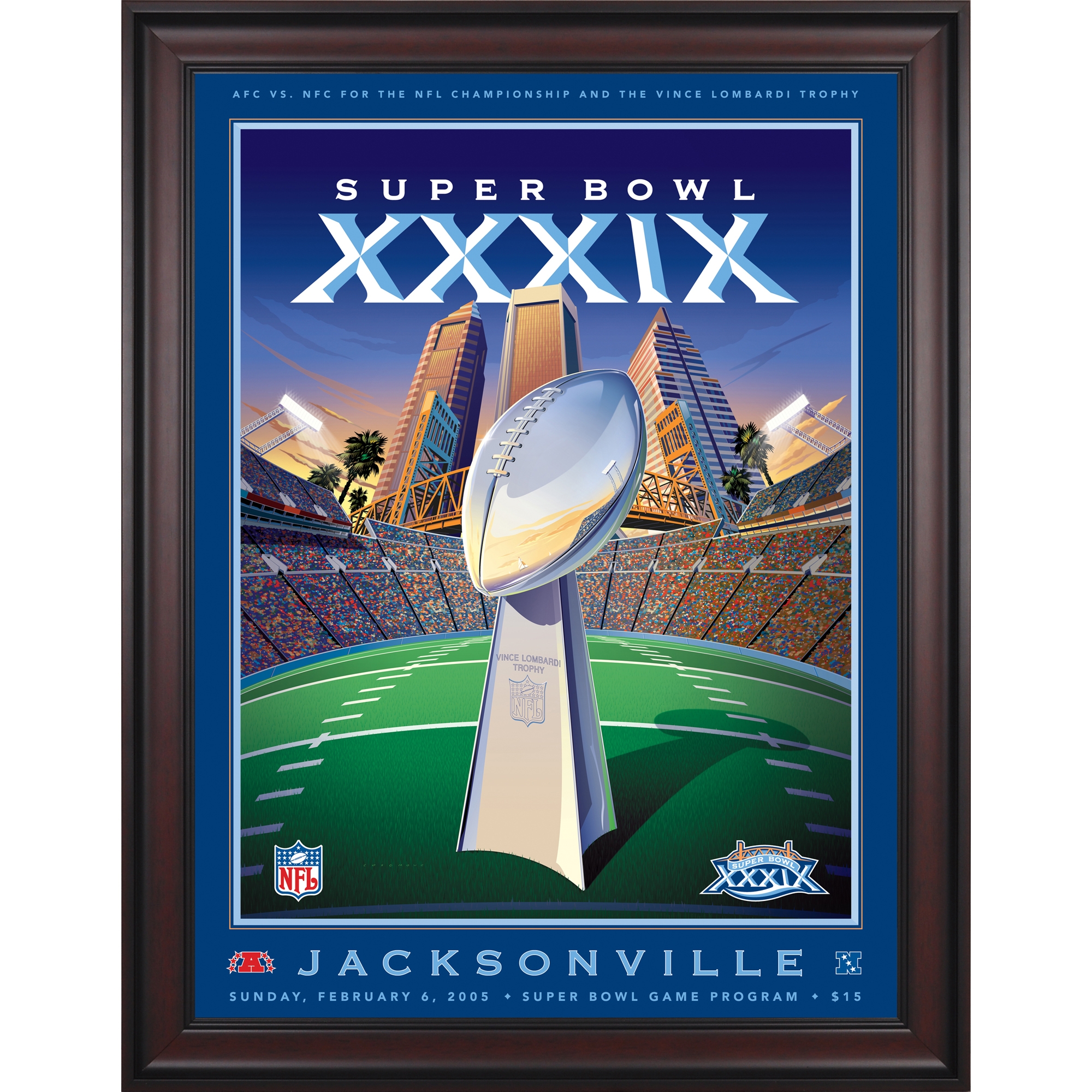 2005 Patriots vs Eagles, gerahmt, 91,4 x 121,9 cm, Leinwand, Super Bowl XXXIX-Programm