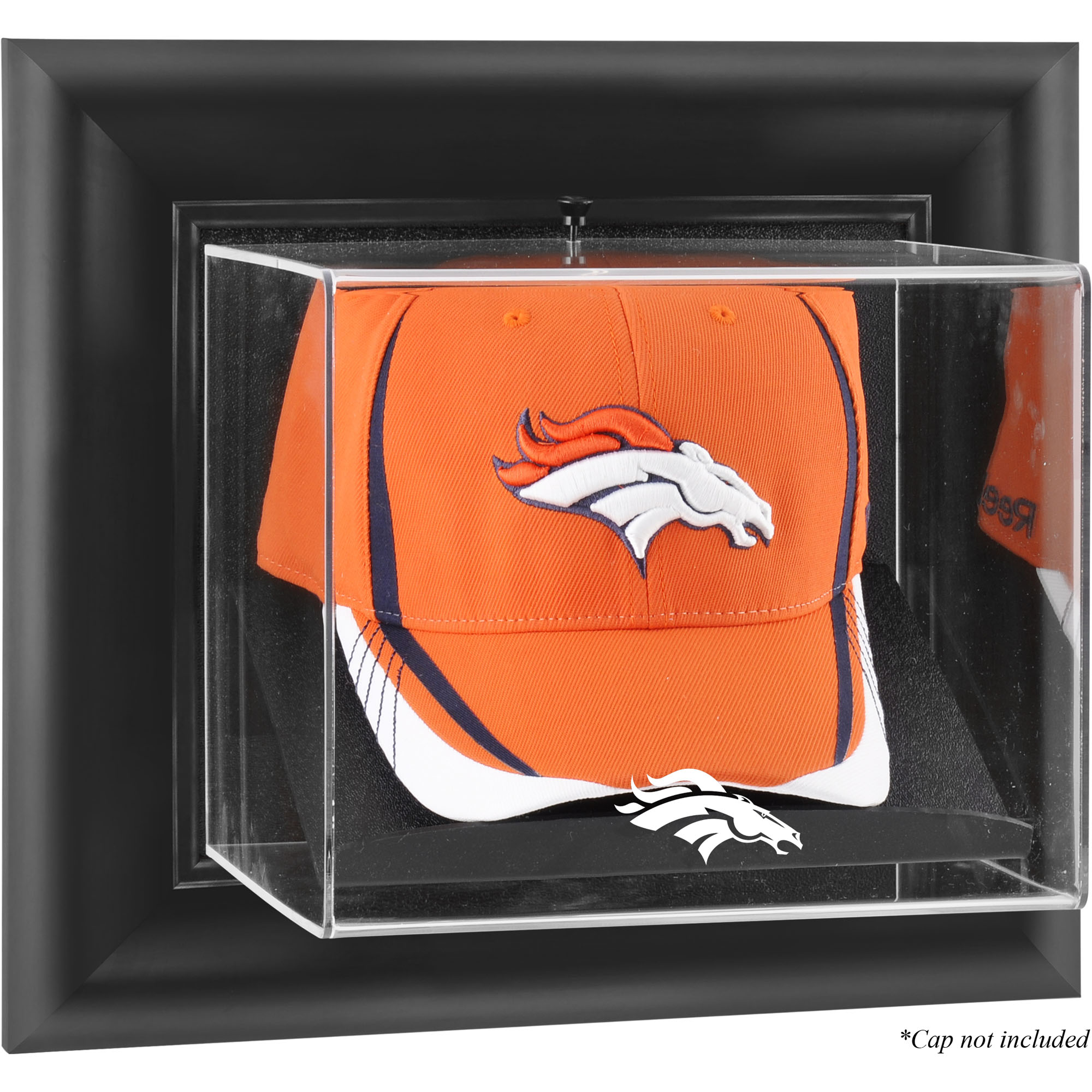 Wandmontierbare Vitrine mit Kappenlogo der Denver Broncos in schwarzem Rahmen