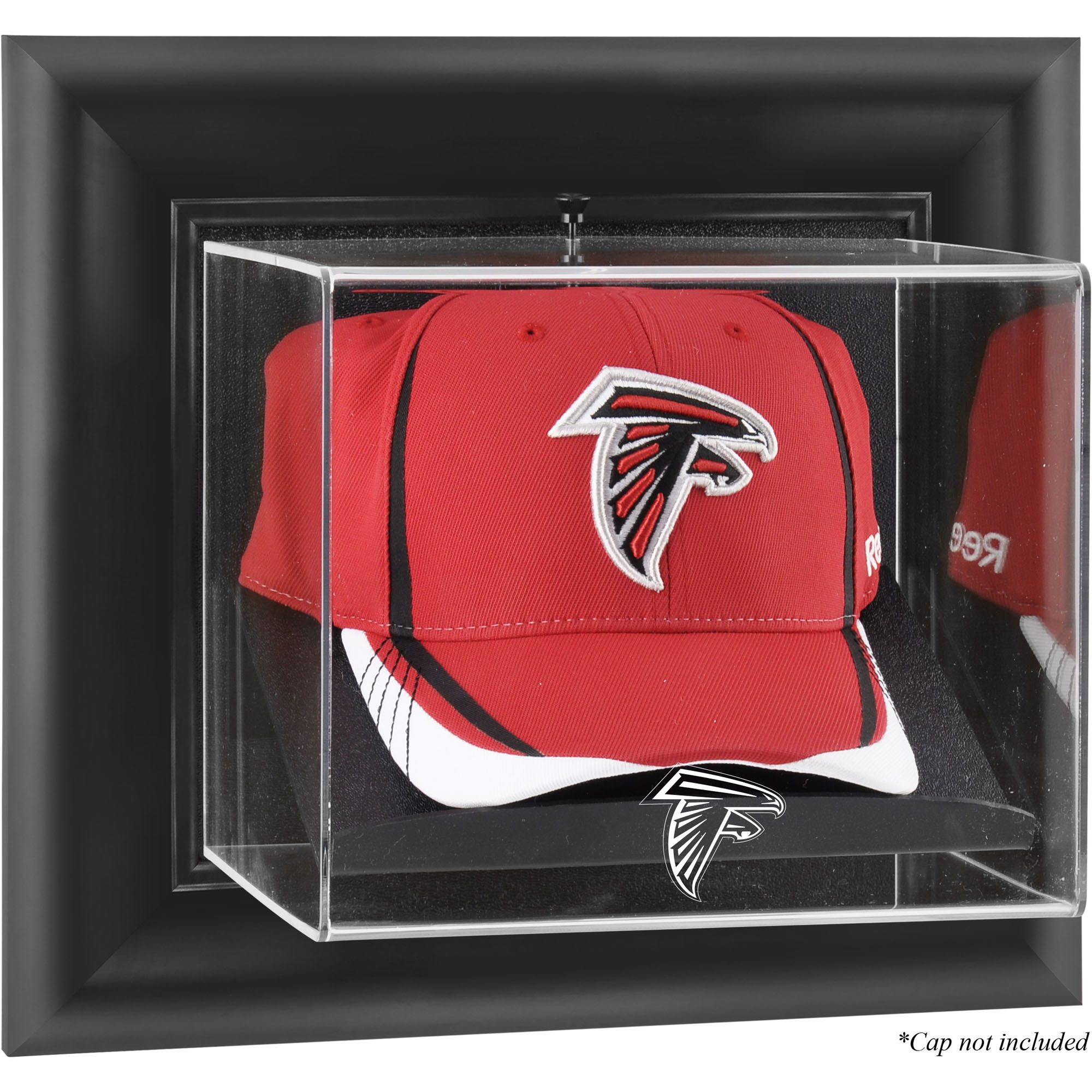 Wandmontierbare Vitrine mit Kappenlogo der Atlanta Falcons in schwarzem Rahmen