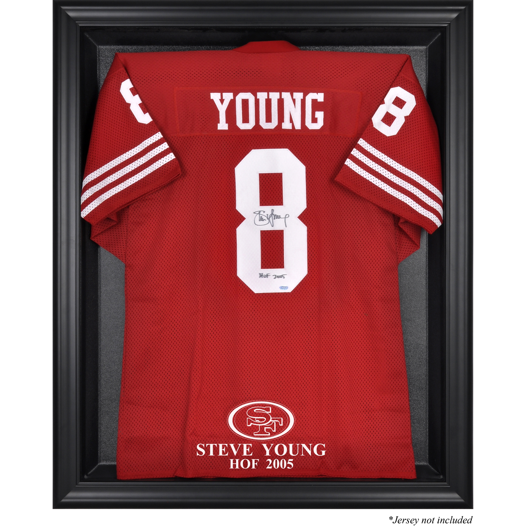 Vitrine mit Logo-Trikot von Steve Young Hall of Fame 2005, schwarzer Rahmen