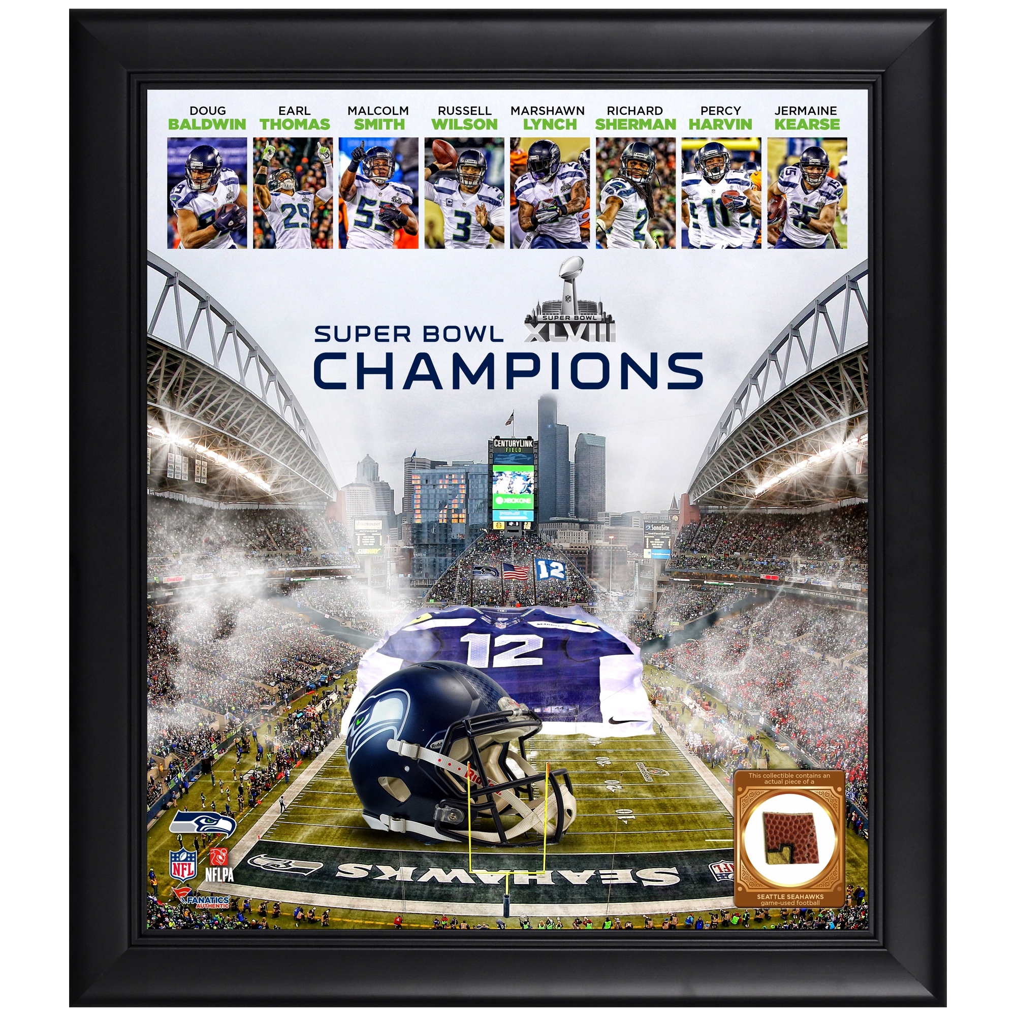 Seattle Seahawks, gerahmt, 15 x 17 Zoll, 12er-Collage der Super Bowl XLVIII-Champions mit Spielball
