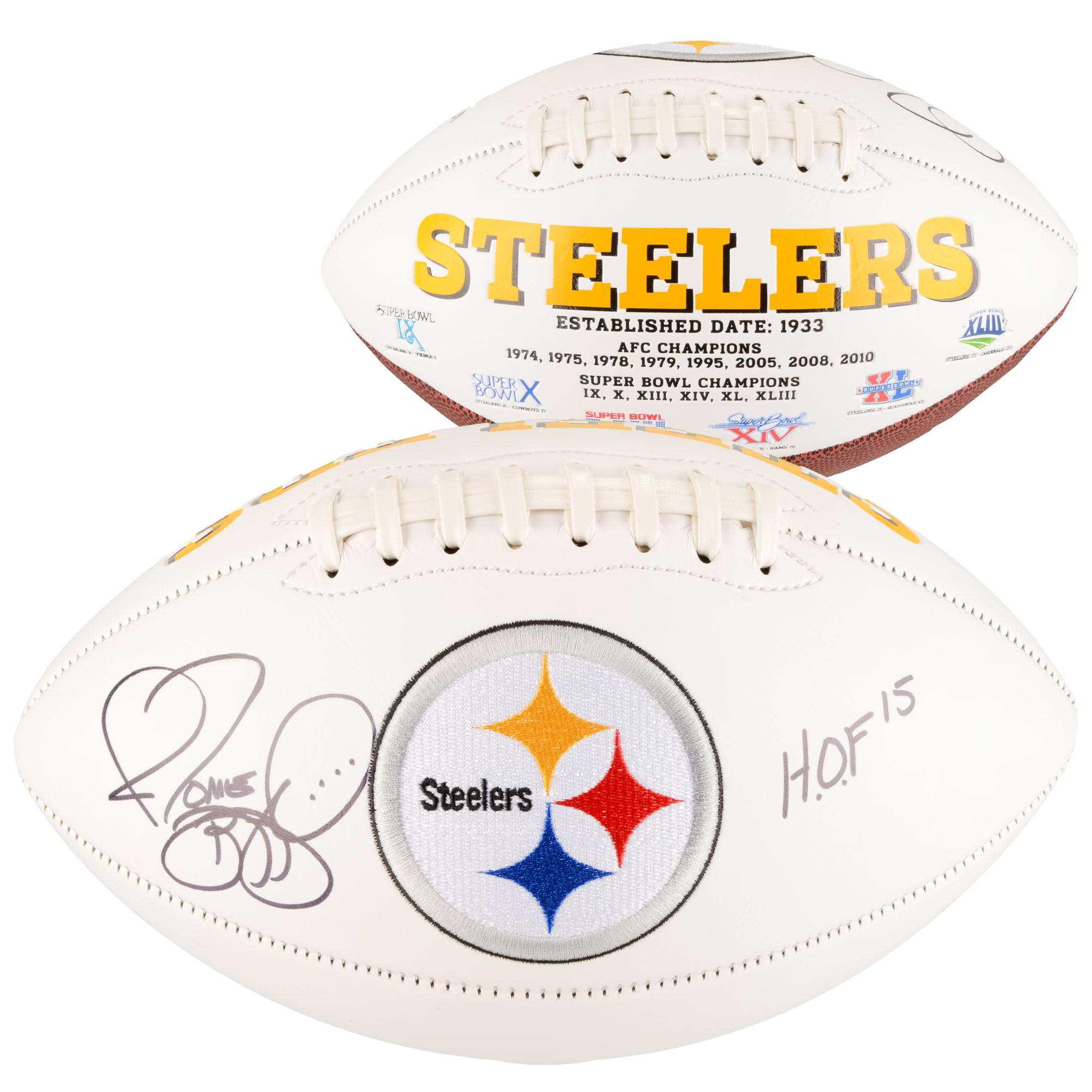 Von Jerome Bettis signierter weißer Football der Pittsburgh Steelers mit der Aufschrift „H.O.F. 15“