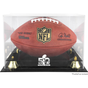 Goldene Vitrine mit klassischem Football-Logo des Super Bowl 50