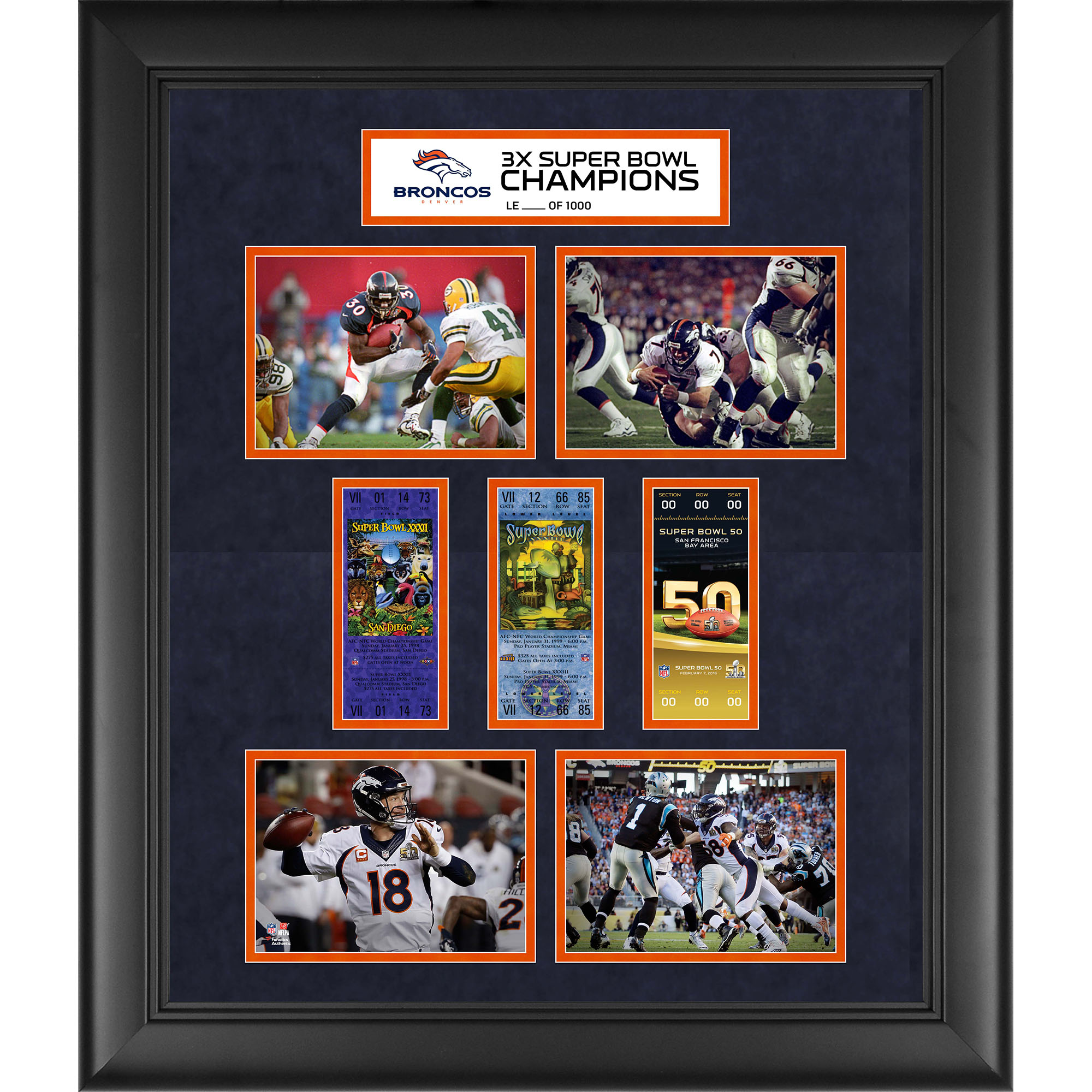 Denver Broncos – gerahmt, 50,8 x 61 cm, Super Bowl 50 Champions, Replika-Ticket und Fotocollage, 3-malige Super Bowl Champs