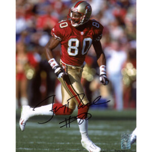 Autogrammfoto der San Francisco 49ers von Jerry Rice, 20,3 x 25,4 cm, scharlachrotes Lauf-Solo-Trikot