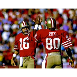 Joe Montana, Jerry Rice, San Francisco 49ers, doppelt signiertes Foto im roten Trikot, 11 x 35,6 cm