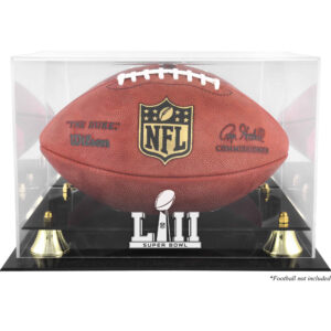 Goldene Vitrine mit klassischem Football-Logo für den Super Bowl LII