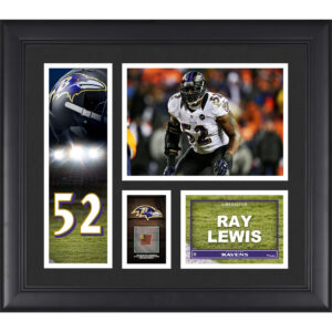 Gerahmte Spielercollage der Baltimore Ravens von Ray Lewis, 15 x 17 Zoll, mit einem Stück eines beim Spiel verwendeten Footballs