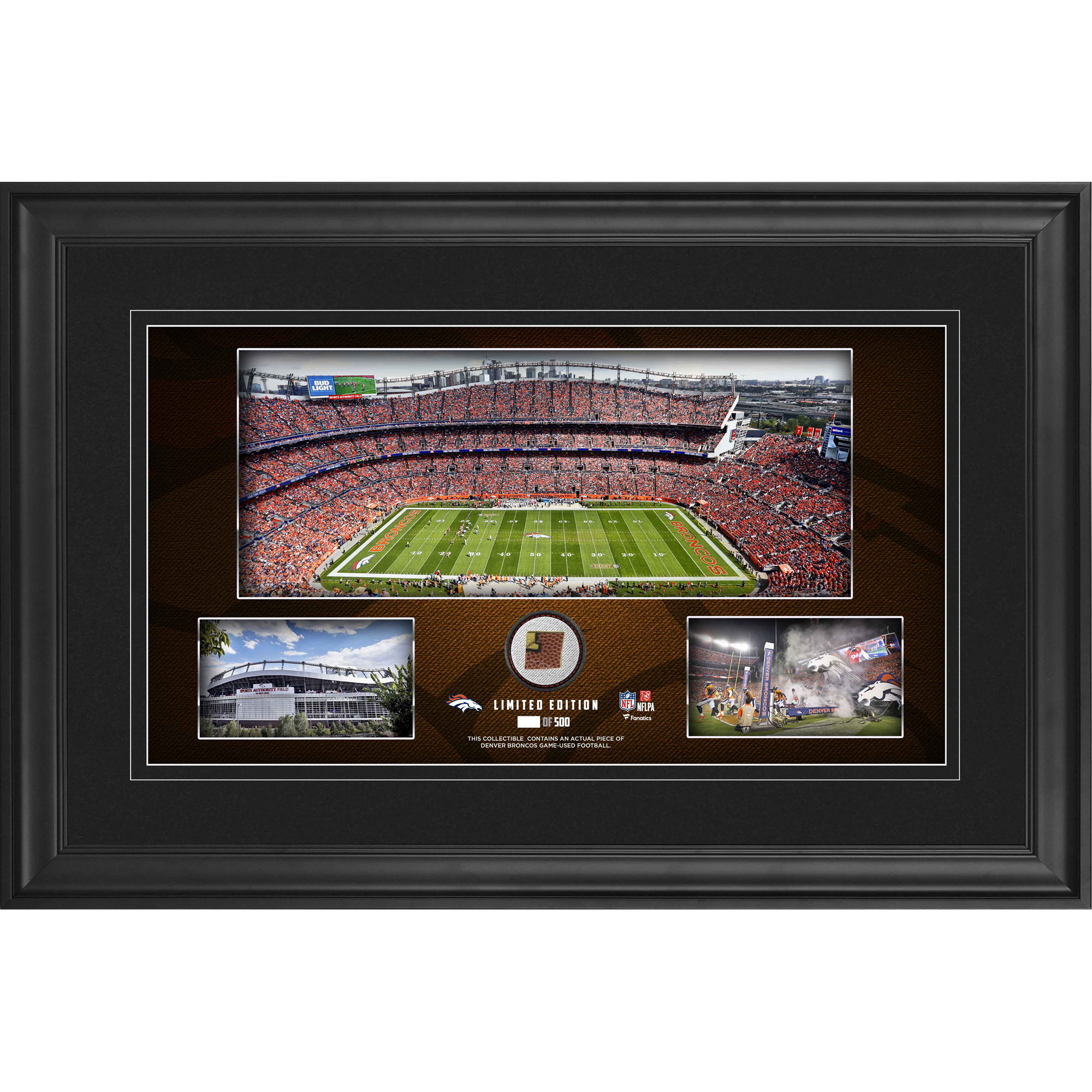 Denver Broncos – gerahmte Stadion-Panoramacollage, 10 x 18 Zoll, mit beim Spiel verwendetem Football – limitierte Auflage von 500 Stück