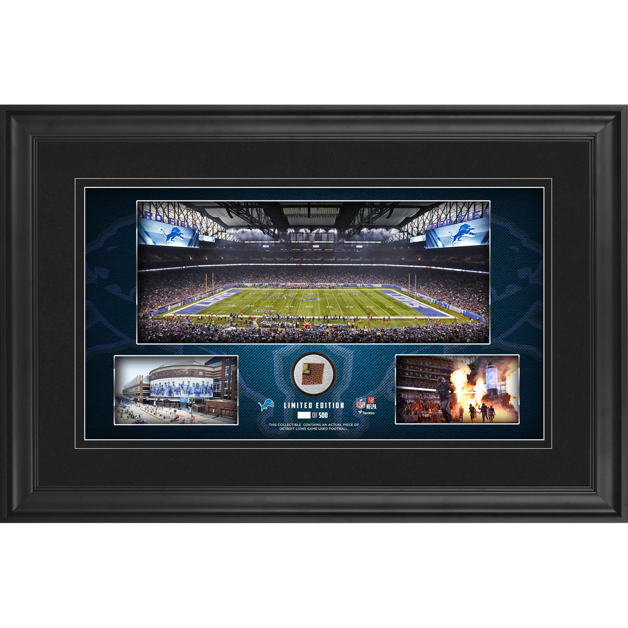 Detroit Lions – gerahmte Stadion-Panoramacollage, 10 x 18 Zoll, mit beim Spiel verwendetem Football – limitierte Auflage von 500 Stück