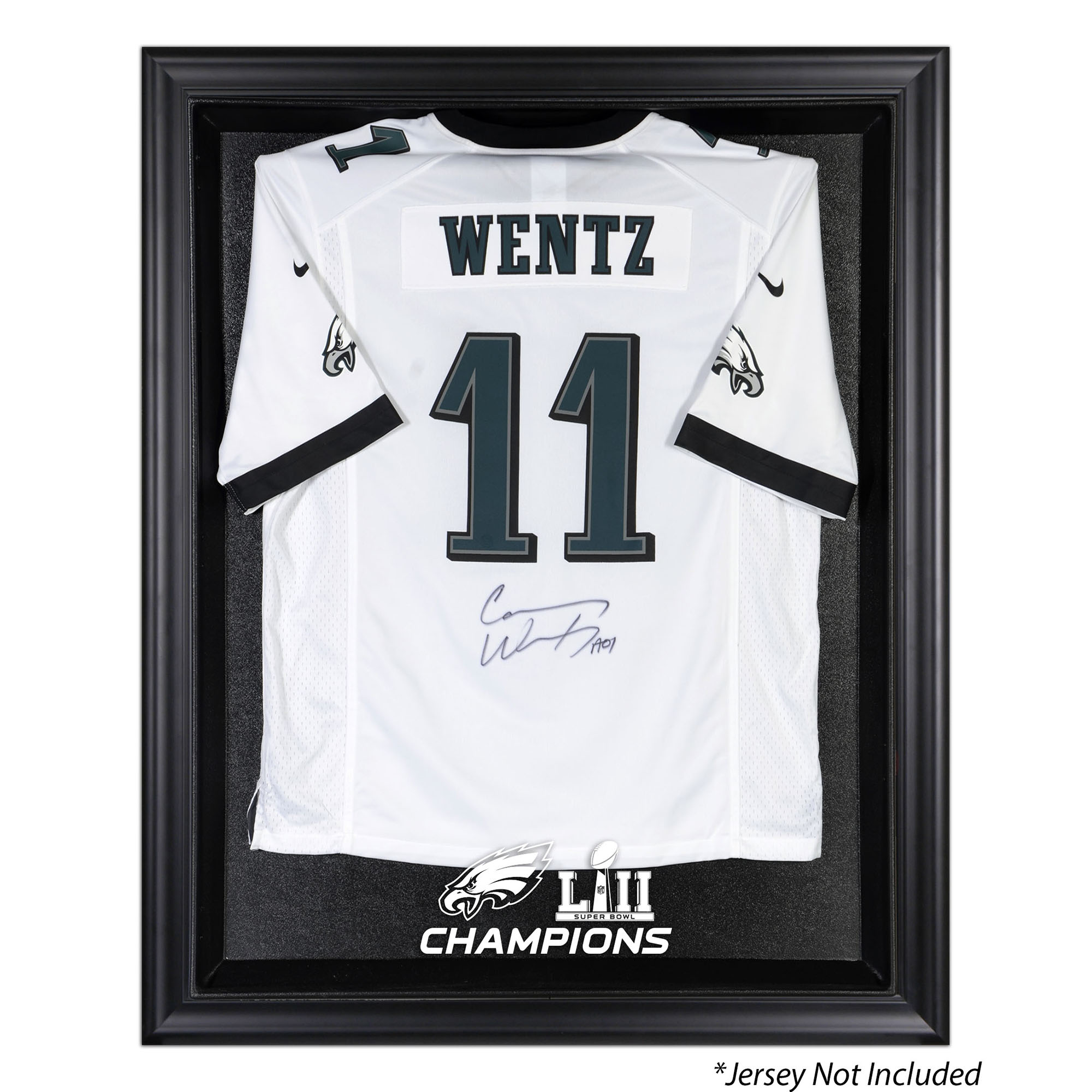 Vitrine mit Trikot-Logo der Philadelphia Eagles für den Super Bowl LII Champions, schwarzer Rahmen