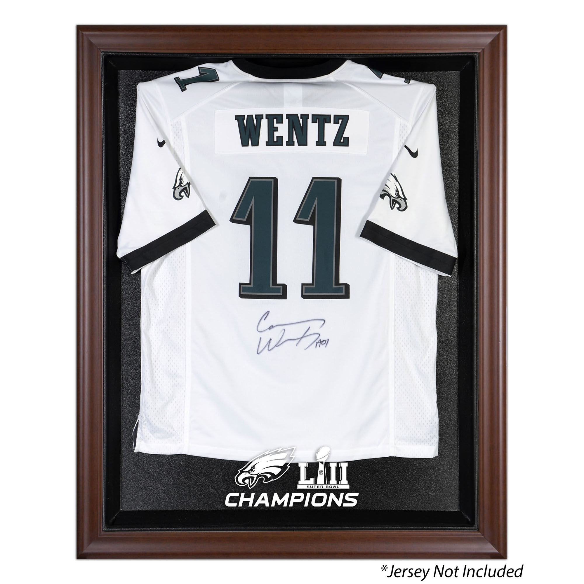 Vitrine mit Trikot-Logo der Philadelphia Eagles im Super Bowl LII-Champions-Rahmen, Braun