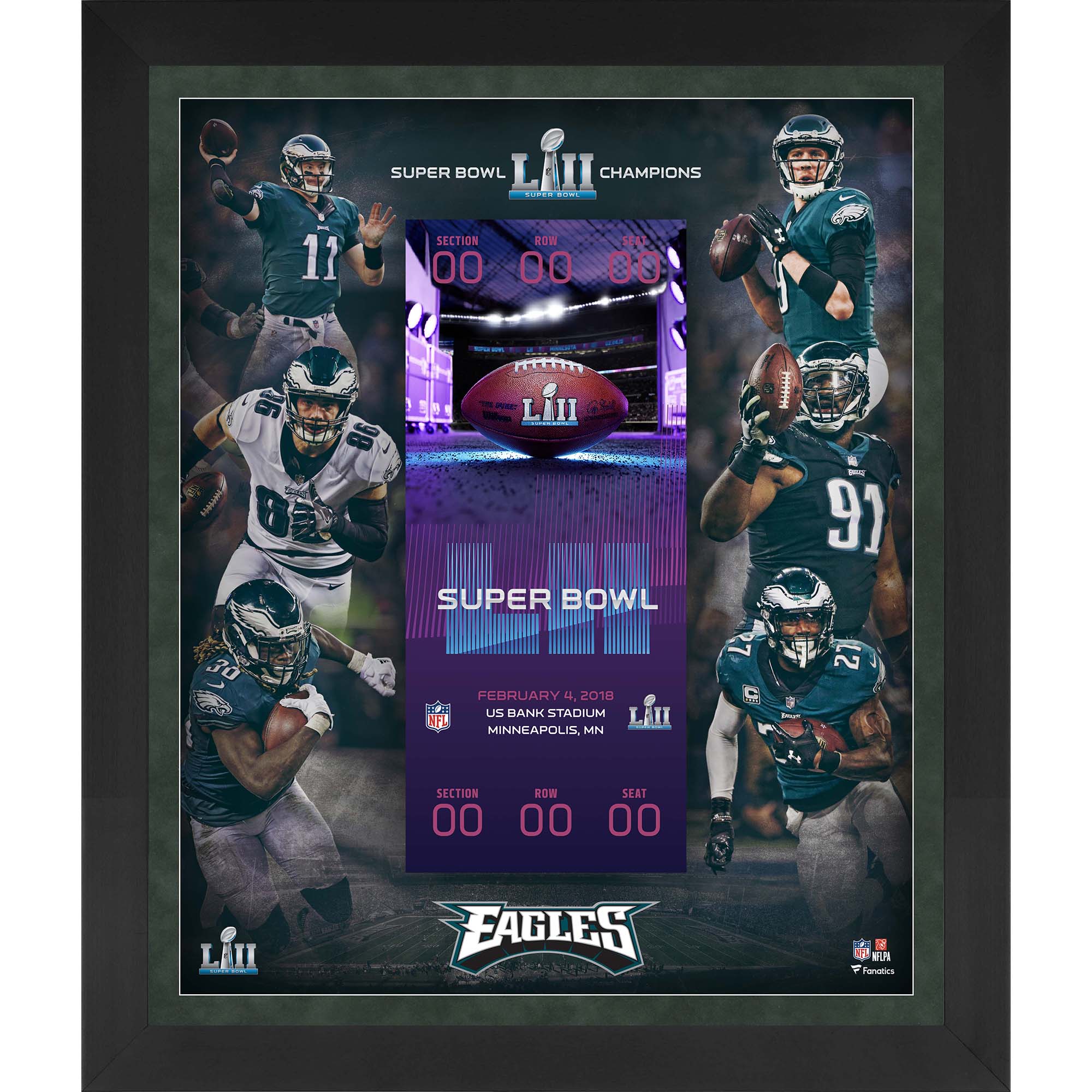 Philadelphia Eagles – Gerahmte Collage mit schwebendem Ticket, 58,4 x 68,6 cm, erster Super Bowl LII-Sieger