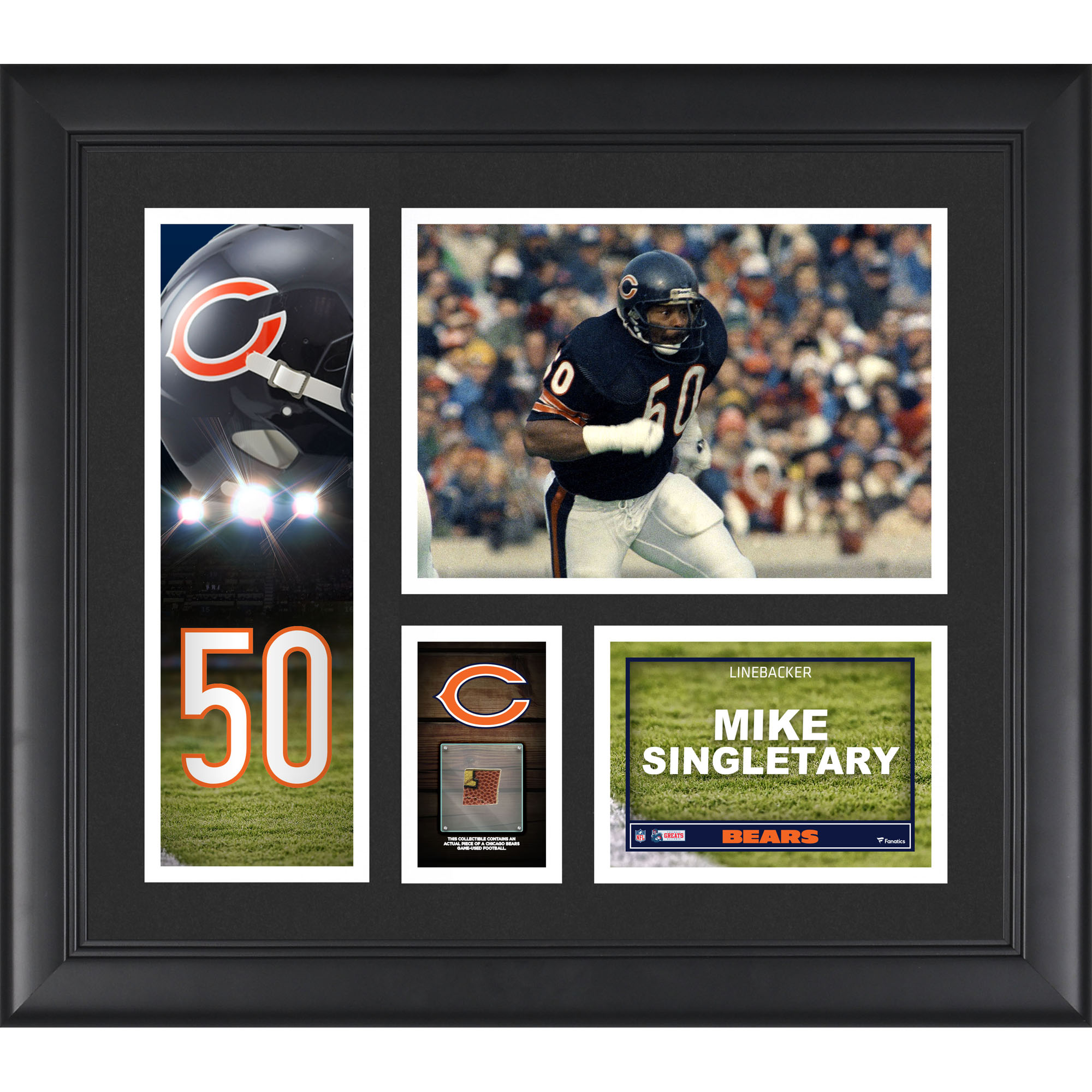 Gerahmte Spielercollage der Chicago Bears von Mike Singletary, 15 x 17 Zoll, mit einem Stück eines beim Spiel verwendeten Footballs