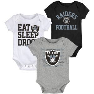 Schwarz/Graues dreiteiliges Body-Set für Neugeborene und Kleinkinder mit „Eat Sleep Drool Football“-Motiv der Las Vegas Raiders