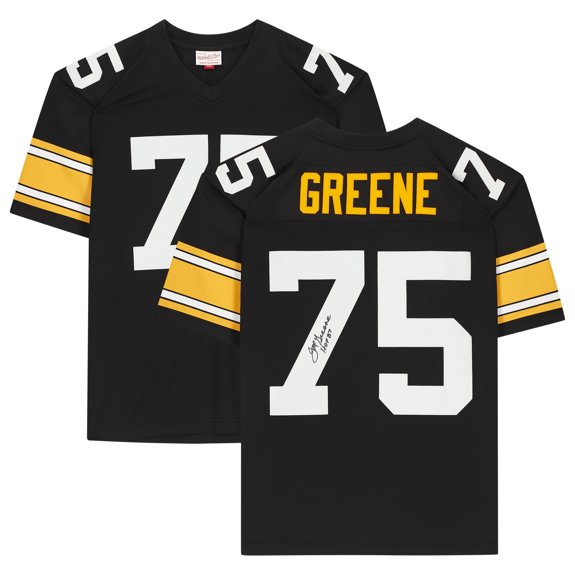 Joe Greene – Signiertes Mitchell & Ness-Trikot in Schwarz von den Pittsburgh Steelers mit der Aufschrift „HOF 87“