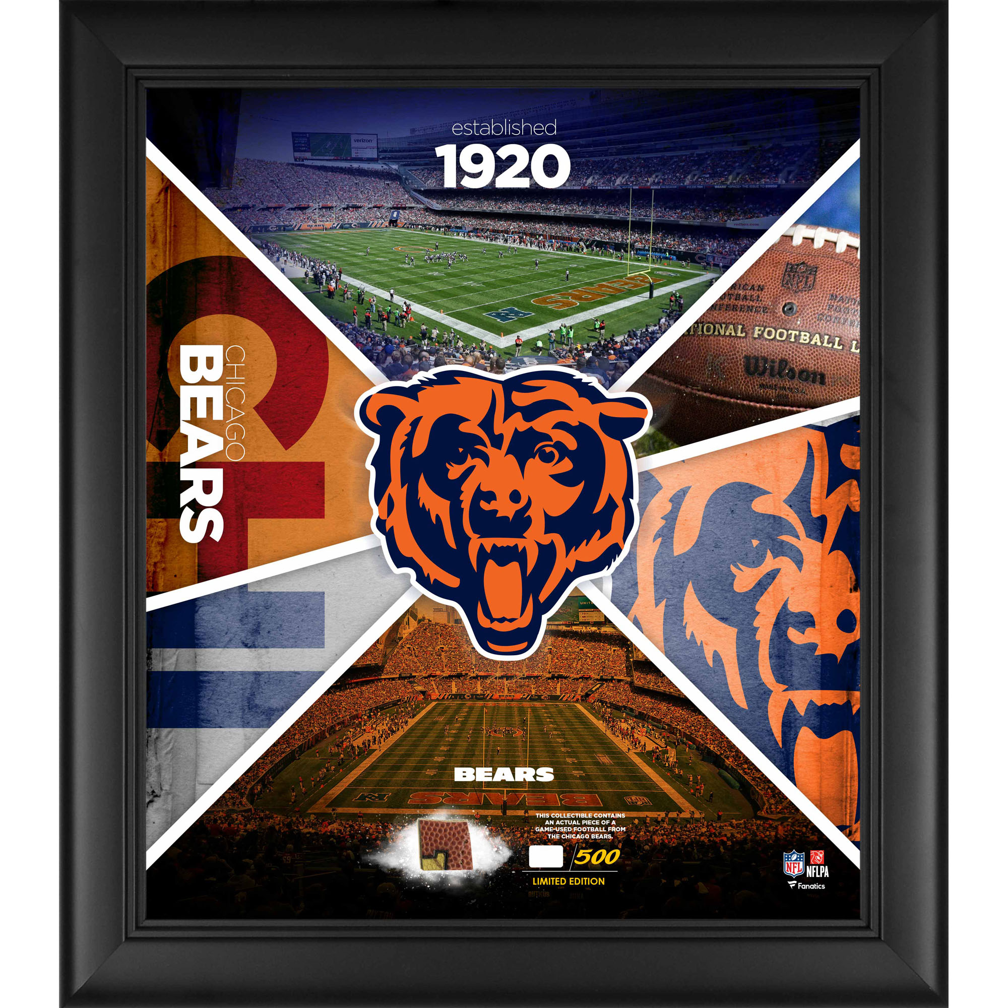 Gerahmte 15 x 17 Zoll große Team Impact Collage der Chicago Bears mit einem Stück eines beim Spiel verwendeten Footballs – limitierte Auflage von 500 Stück