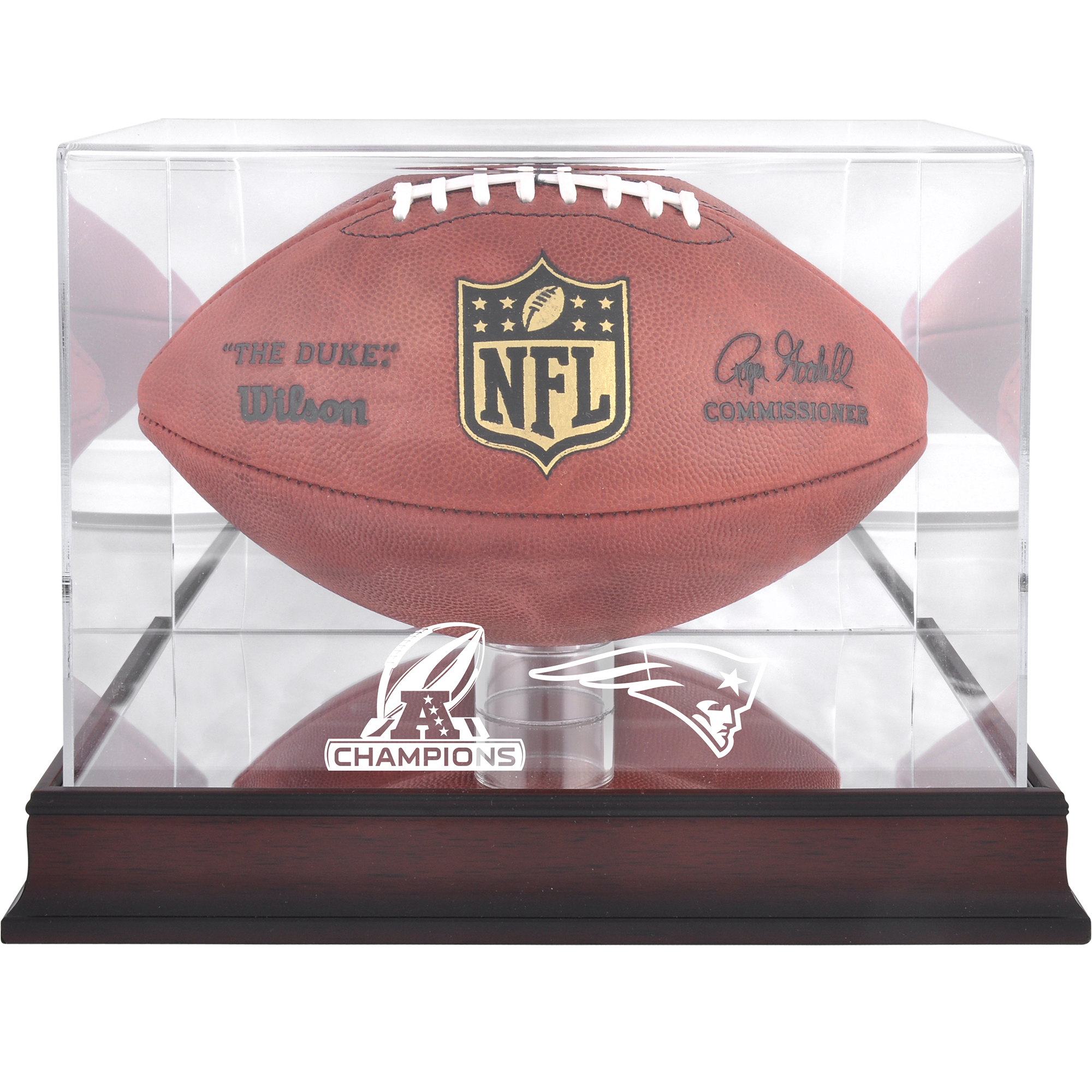 Vitrine mit Mahagoni-Logo für den Football der New England Patriots 2018 AFC Champions