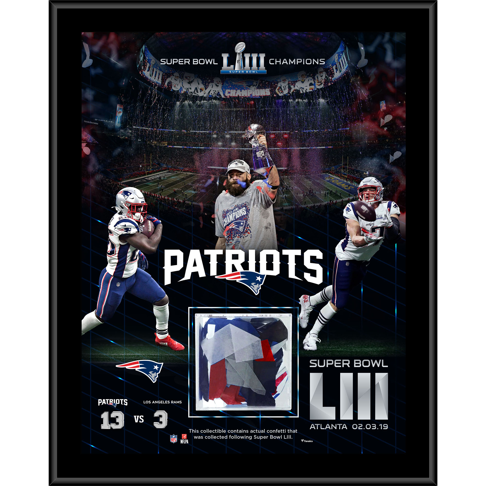 12 x 15 Zoll große sublimierte Plakette der New England Patriots, Super Bowl LIII-Champions, mit beim Spiel verwendetem Konfetti
