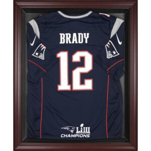 Vitrine mit Trikot-Logo der New England Patriots im Super Bowl LIII-Champions-Stil, Mahagoni-Rahmen