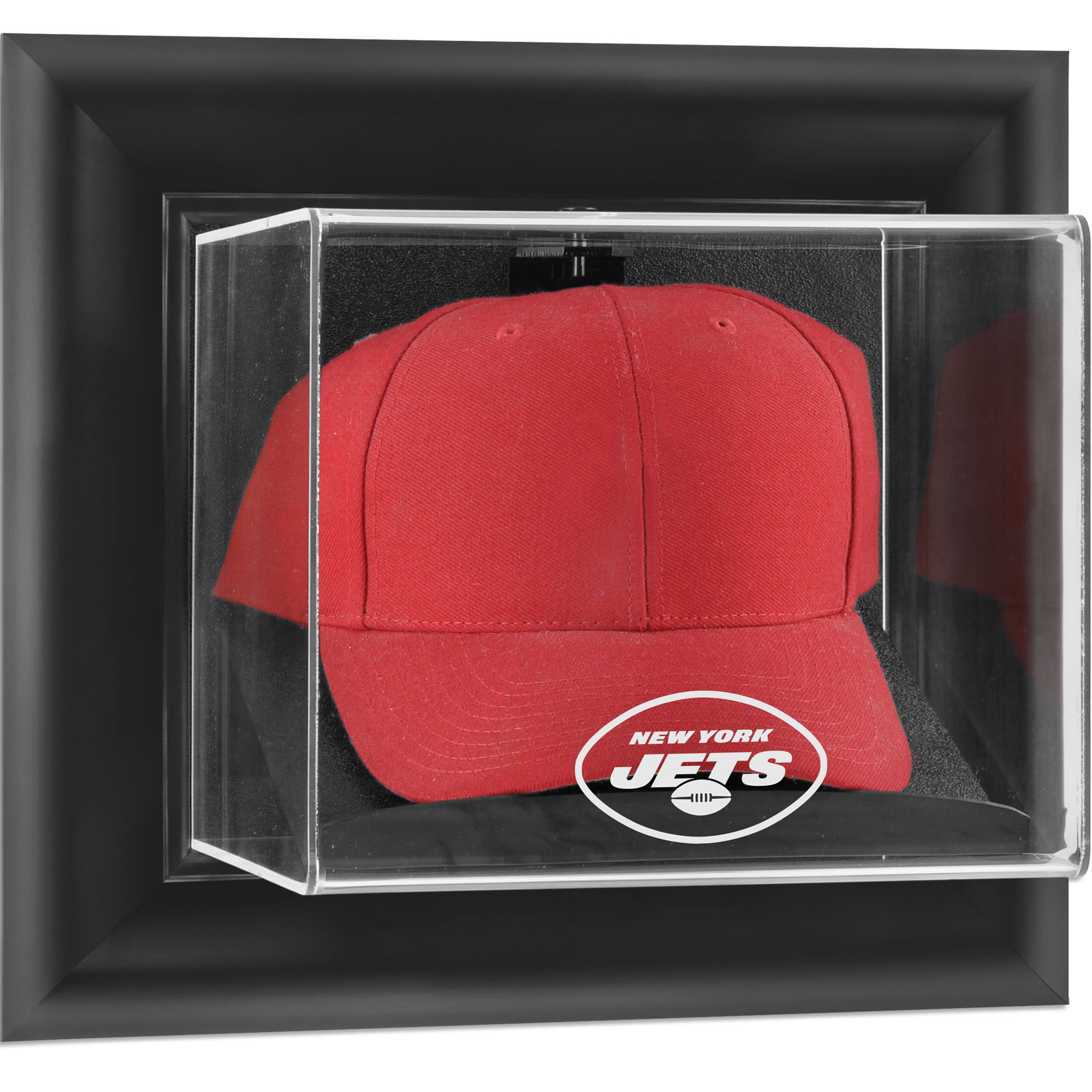 Wandmontierbare Vitrine mit Cap-Logo der New York Jets in schwarzem Rahmen